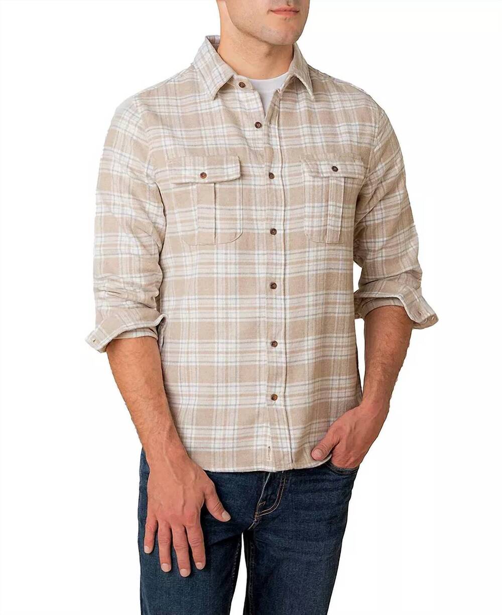 NEW HOPE & HENRY organic flannel double pocket shirt in taupe heirloom plaid